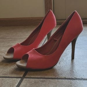Charming Charlie coral suede peeptoe high heels 10